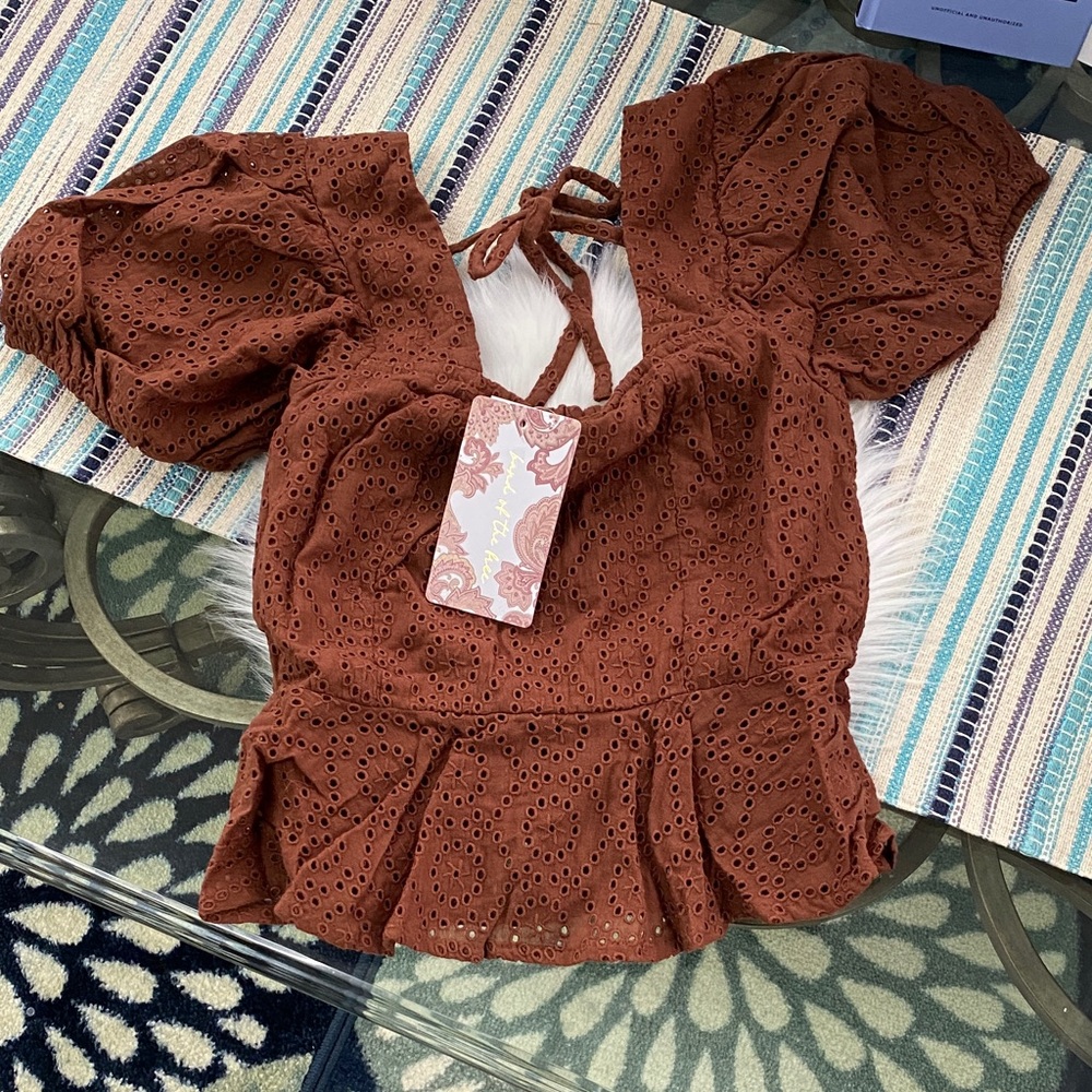 Band of the free boho lace eyelet peplum walnut brown top size x small